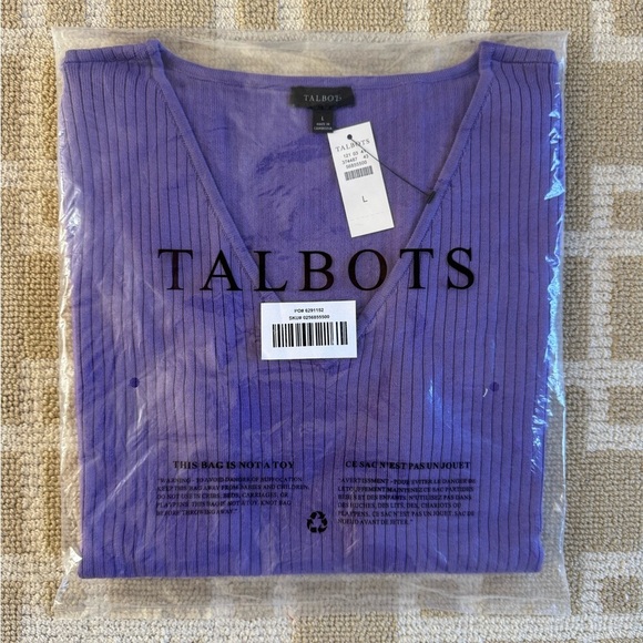 NWT Talbots Purple V-Neck Short Sleeve Ribbed Knit Sweater Office Top Size Large - Picture 7 of 7